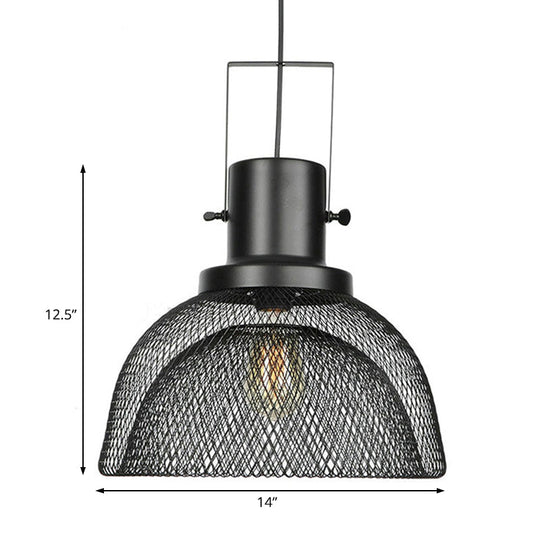 Industrial Mesh Cage Pendant Light - Black Metal Single Lamp for Living Room Hanging, with Shade