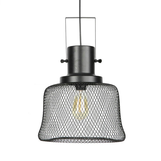 Industrial Mesh Cage Pendant Light - Black Metal Single Lamp for Living Room Hanging, with Shade