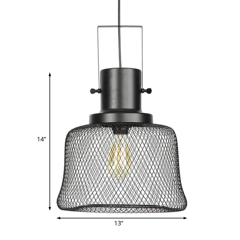 Industrial Mesh Cage Pendant Light - Black Metal Single Lamp for Living Room Hanging, with Shade