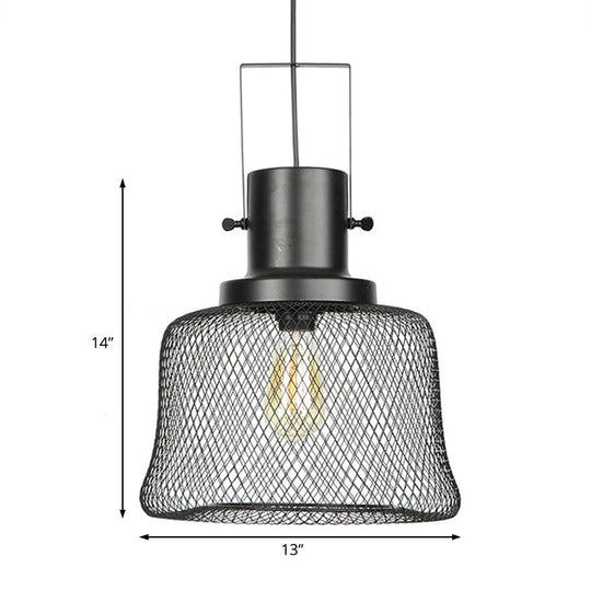 Industrial Mesh Cage Pendant Light - Black Metal Single Lamp for Living Room Hanging, with Shade