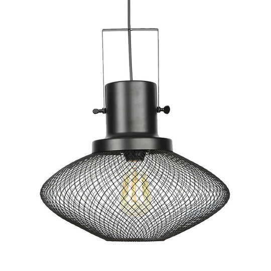 Industrial Mesh Cage Pendant Light - Black Metal Single Lamp for Living Room Hanging, with Shade