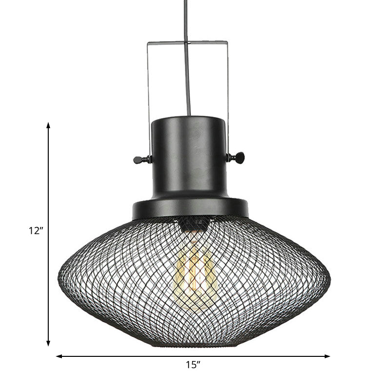 Industrial Mesh Cage Pendant Light - Black Metal Single Lamp for Living Room Hanging, with Shade
