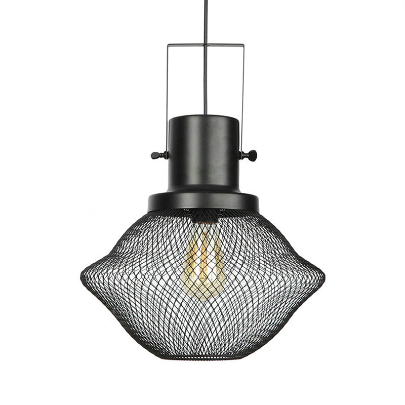 Industrial Mesh Cage Pendant Light - Black Metal Single Lamp for Living Room Hanging, with Shade