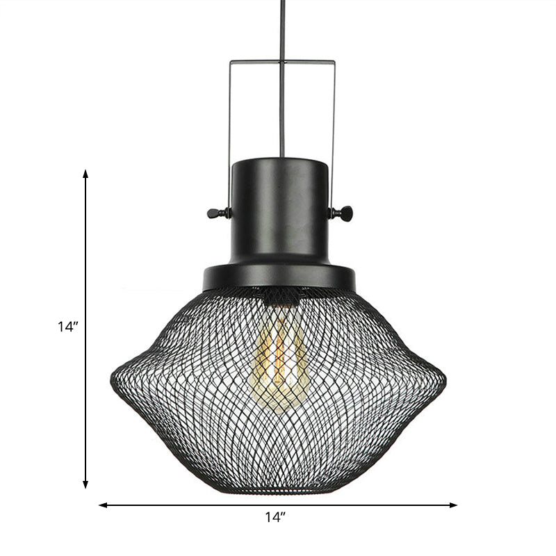 Industrial Mesh Cage Pendant Light - Black Metal Single Lamp for Living Room Hanging, with Shade