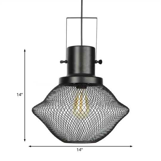 Industrial Mesh Cage Pendant Light - Black Metal Single Lamp for Living Room Hanging, with Shade