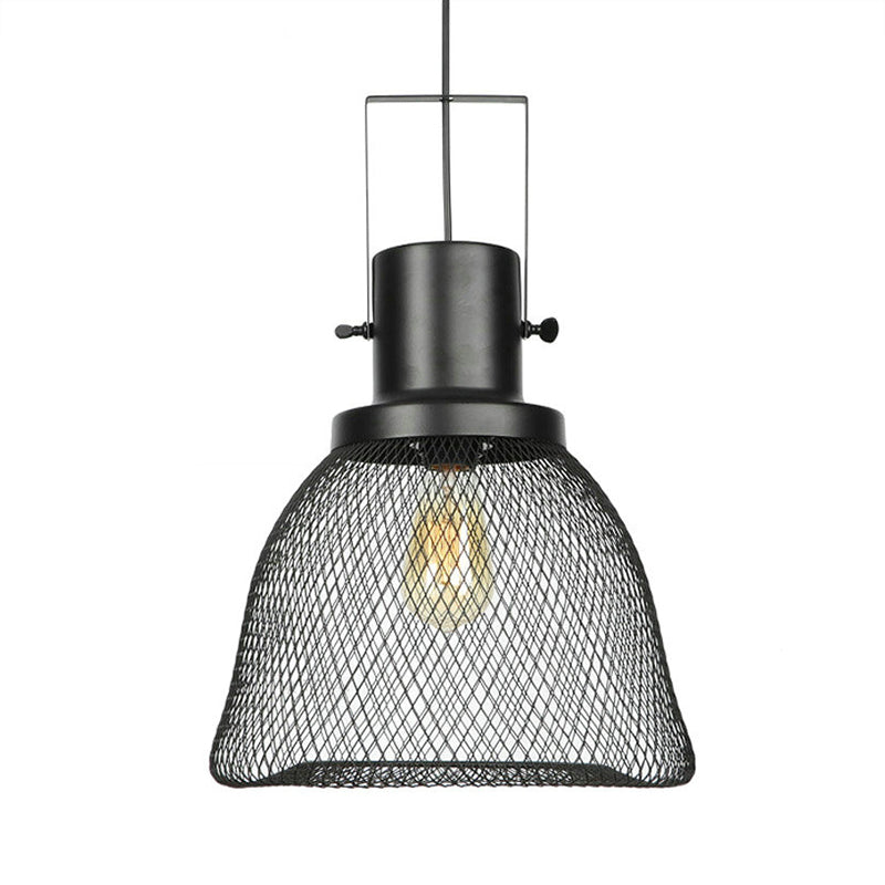 Industrial Mesh Cage Pendant Light - Black Metal Single Lamp for Living Room Hanging, with Shade
