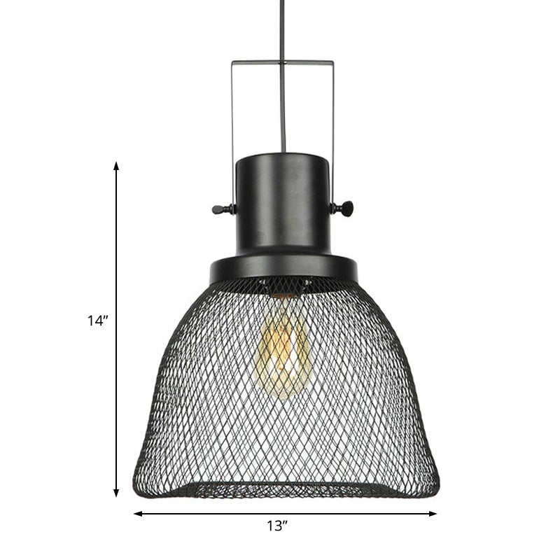 Industrial Mesh Cage Pendant Light - Black Metal Single Lamp for Living Room Hanging, with Shade