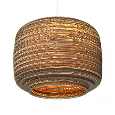 Asian Stylish Brown Corrugated Paper Pendant Lamp with Drum Shape and Globe Design - 1 Light Indoor Suspension Light