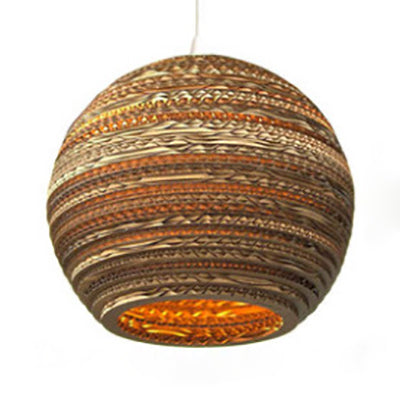 Asian Stylish Brown Corrugated Paper Pendant Lamp with Drum Shape and Globe Design - 1 Light Indoor Suspension Light