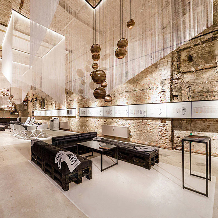 Asian Stylish Brown Corrugated Paper Pendant Lamp with Drum Shape and Globe Design - 1 Light Indoor Suspension Light