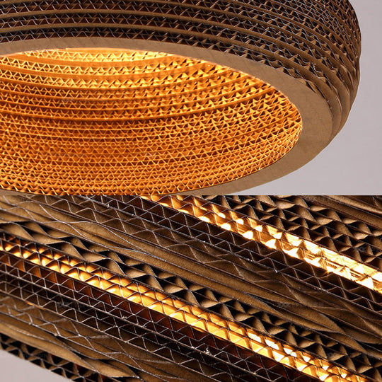 Asian Stylish Brown Corrugated Paper Pendant Lamp with Drum Shape and Globe Design - 1 Light Indoor Suspension Light