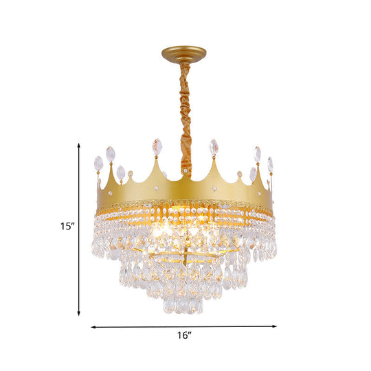 Gold Crown Chandelier: Metallic Kids Pendant Light With Crystal Drops
