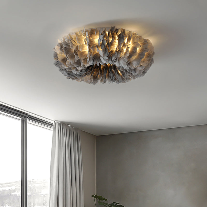 Modern Feather Flushmount Ceiling Light with 3/6 Fabric Heads in White/Grey/Pink for Bedroom