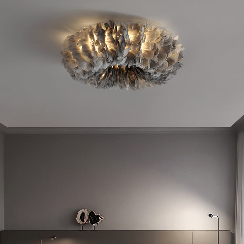 Modern Feather Flushmount Ceiling Light with 3/6 Fabric Heads in White/Grey/Pink for Bedroom