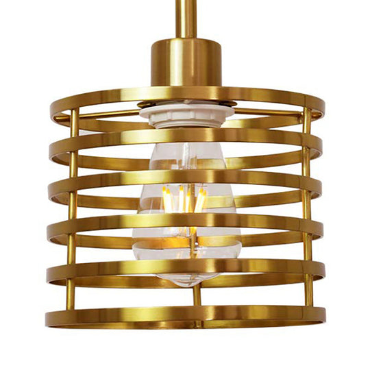 Vintage Wire Cage Hanging Lamp: Metallic Pendant Light with Cylindrical Black/Brass Shade