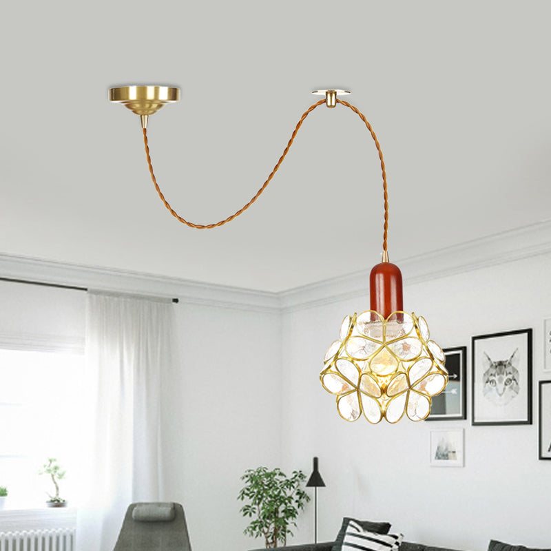 Traditional Gold Suspension Lamp With Wood Top - Flower Clear Water Glass Pendant For Bedroom