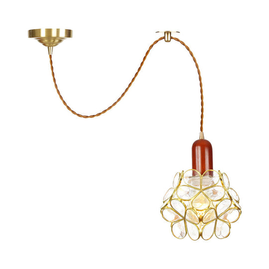 Traditional Gold Suspension Lamp With Wood Top - Flower Clear Water Glass Pendant For Bedroom