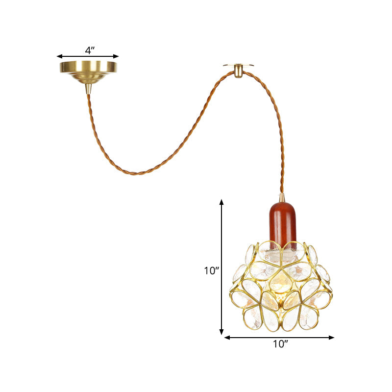Traditional Gold Suspension Lamp With Wood Top - Flower Clear Water Glass Pendant For Bedroom