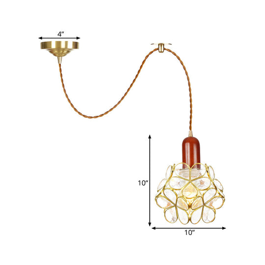 Traditional Gold Suspension Lamp With Wood Top - Flower Clear Water Glass Pendant For Bedroom