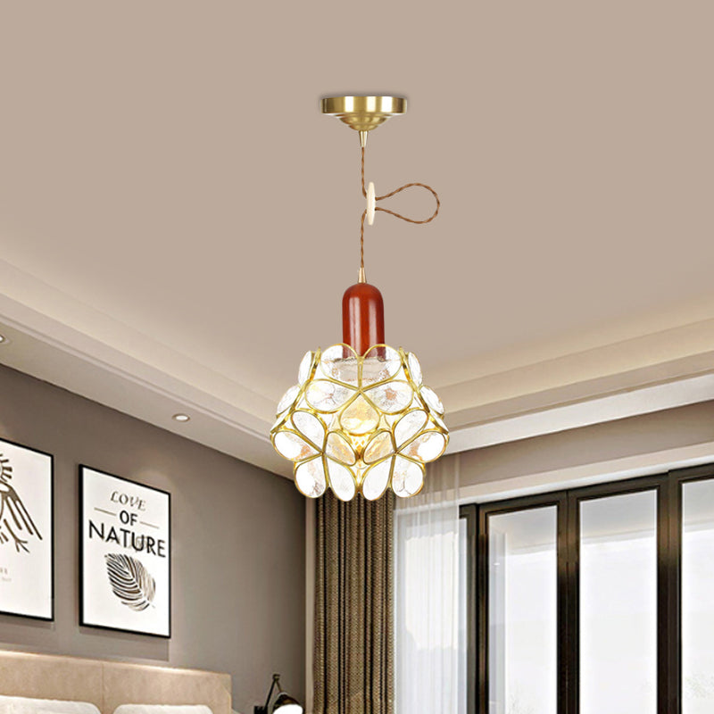 Traditional Gold Suspension Lamp With Wood Top - Flower Clear Water Glass Pendant For Bedroom