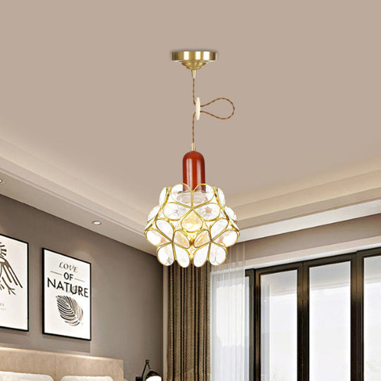 Traditional Gold Suspension Lamp With Wood Top - Flower Clear Water Glass Pendant For Bedroom