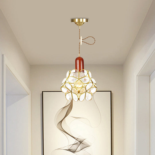 Traditional Gold Suspension Lamp With Wood Top - Flower Clear Water Glass Pendant For Bedroom