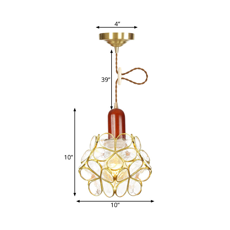 Traditional Gold Suspension Lamp With Wood Top - Flower Clear Water Glass Pendant For Bedroom