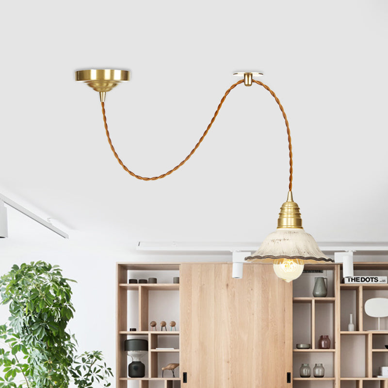 Scalloped Ceramic Pendant Lamp - Traditional Gold Lighting For Living Room Ceiling
