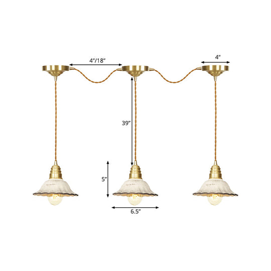 Gold Ceramics Suspension Lamp - Traditional Scalloped Multi-Hanging Light With Series Connection