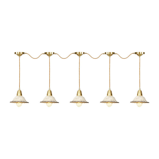 Gold Ceramics Suspension Lamp - Traditional Scalloped Multi-Hanging Light With Series Connection