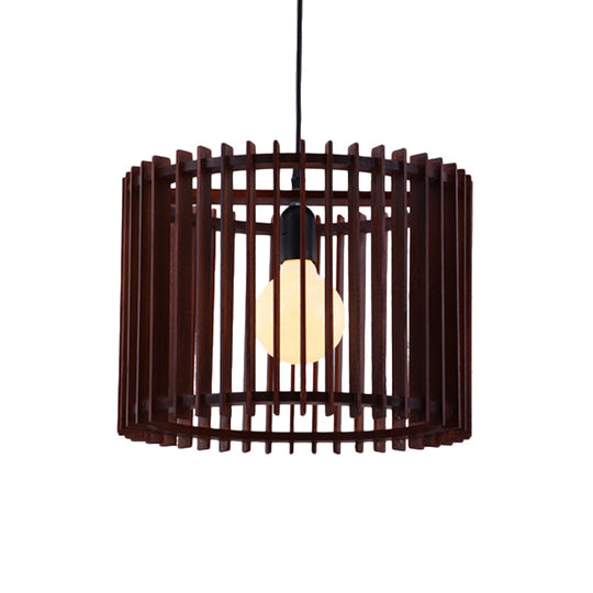 Modern Brown Wood Cylinder Cage Pendant Light - 1 Hanging Lamp Kit
