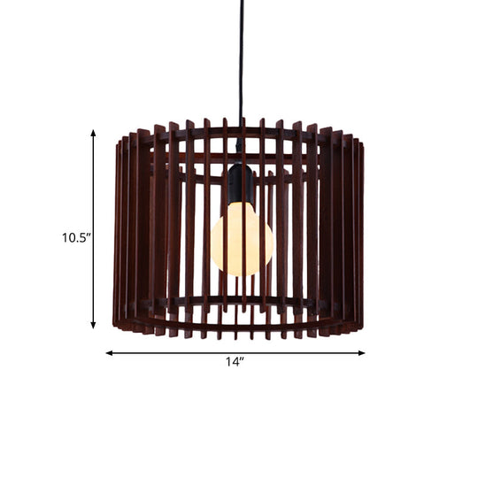 Modern Brown Wood Cylinder Cage Pendant Light - 1 Hanging Lamp Kit