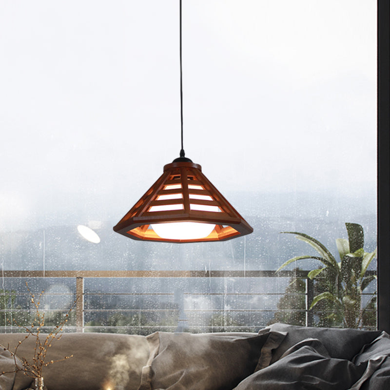 Country Wood Cone Ceiling Pendant Light - Beige/Red Brown 13/19.5 Wide 1 Restaurant Suspension Lamp