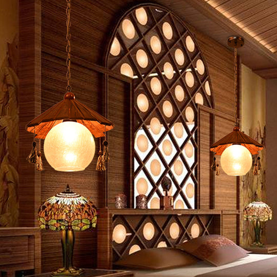 Traditional Brown Wood Ceiling Pendant With Clear Crackle Glass Shade