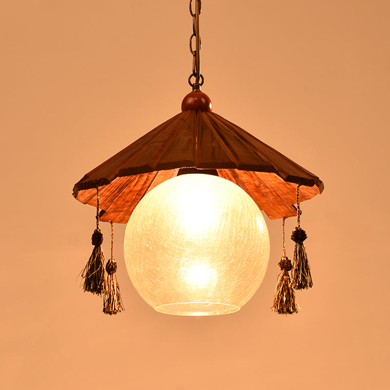 Traditional Brown Wood Ceiling Pendant With Clear Crackle Glass Shade