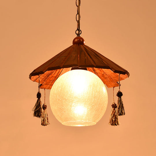 Traditional Brown Wood Ceiling Pendant With Clear Crackle Glass Shade
