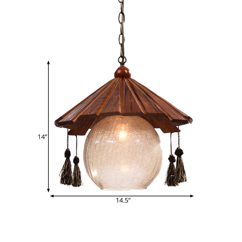 Traditional Brown Wood Ceiling Pendant With Clear Crackle Glass Shade