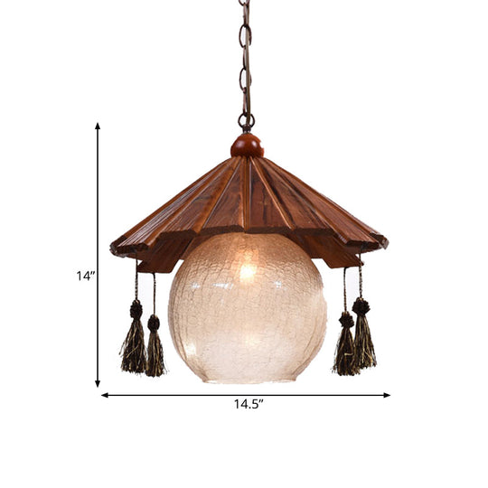 Traditional Brown Wood Ceiling Pendant With Clear Crackle Glass Shade