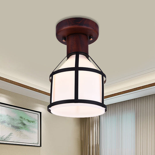 Country Opal Glass Dome Ceiling Light Fixture with Cage - Brown Flush Mount Lamp