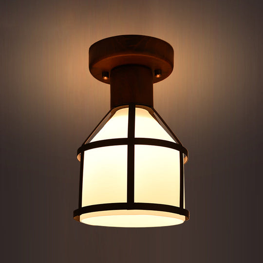 Country Opal Glass Dome Ceiling Light Fixture with Cage - Brown Flush Mount Lamp