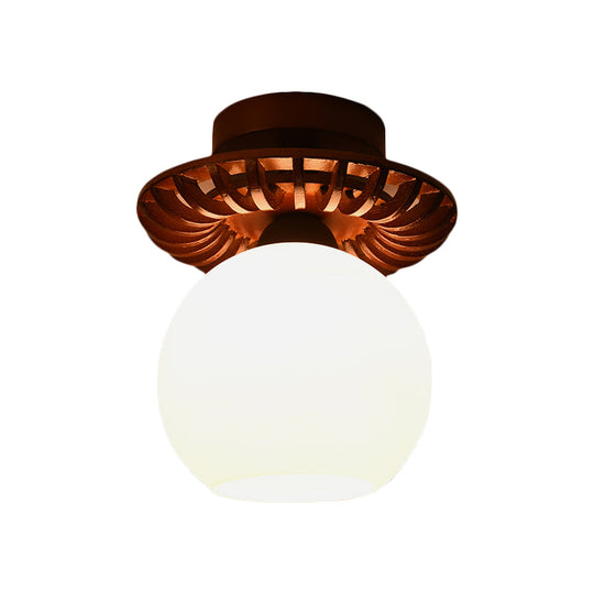 Rustic Cream Glass Flush Mount Ceiling Light with Wood Frame - Brown Globe/Square Design