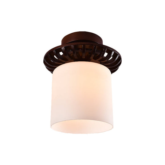 Rustic Cream Glass Flush Mount Ceiling Light with Wood Frame - Brown Globe/Square Design