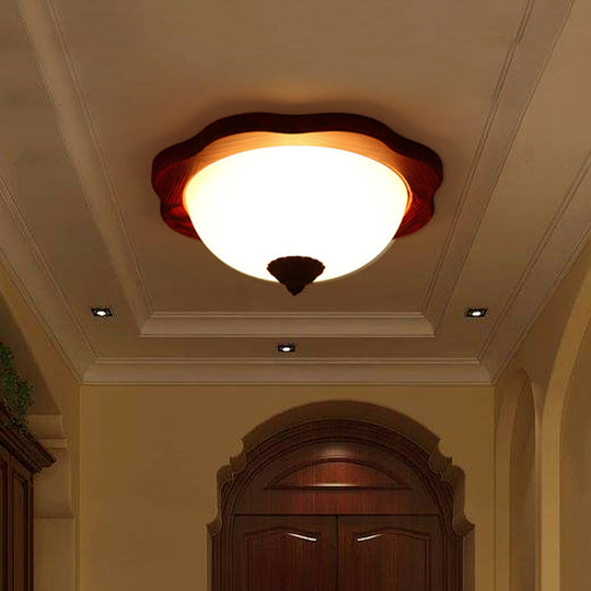 Frosted Glass Brown Flush Light Fixture - 16"/19" W - 3 Heads - Rural Flush Mount Recessed Lighting with Wood Flower Panel