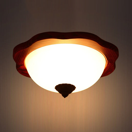 Frosted Glass Brown Flush Light Fixture - 16"/19" W - 3 Heads - Rural Flush Mount Recessed Lighting with Wood Flower Panel