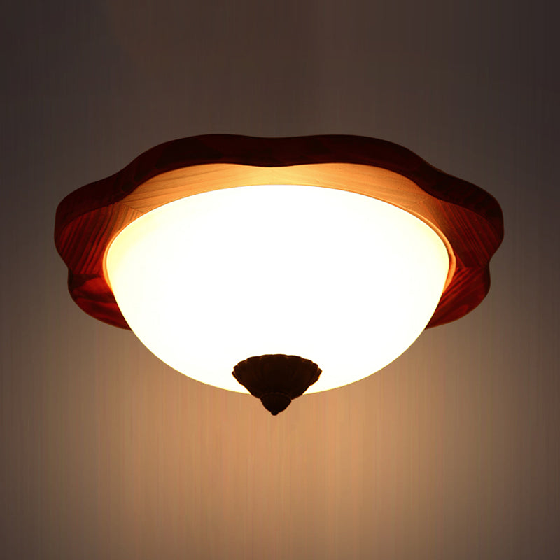 Frosted Glass Brown Flush Light Fixture - 16/19 W 3 Heads Rural Mount Recessed Lighting With Wood