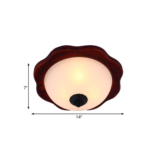 Frosted Glass Brown Flush Light Fixture - 16"/19" W - 3 Heads - Rural Flush Mount Recessed Lighting with Wood Flower Panel