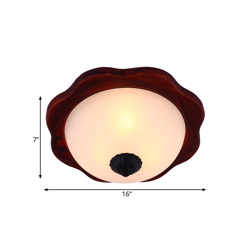 Frosted Glass Brown Flush Light Fixture - 16"/19" W - 3 Heads - Rural Flush Mount Recessed Lighting with Wood Flower Panel