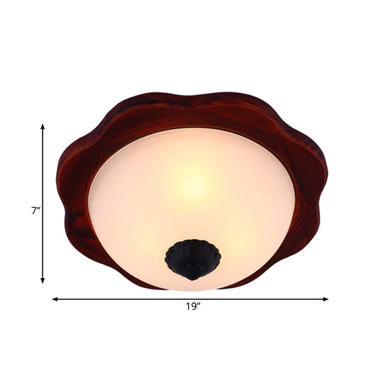 Frosted Glass Brown Flush Light Fixture - 16"/19" W - 3 Heads - Rural Flush Mount Recessed Lighting with Wood Flower Panel