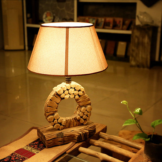 Classic Tapered Night Table Light - 1-Light Fabric Nightstand Lighting Brown With Wood Base