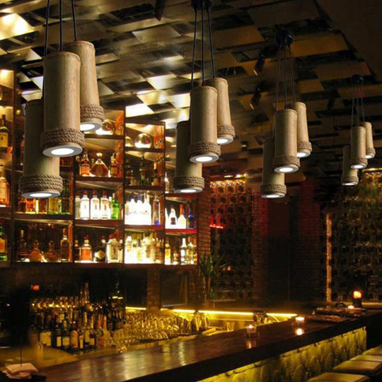 Plafonnier de restaurant : suspension cylindrique en bambou à 3 lampes en brun clair